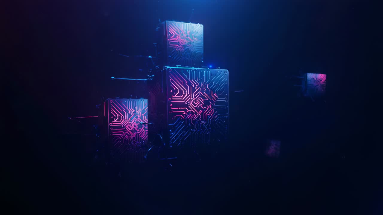 Flickering neon circuits initiating three cubes emerging as pulsing rods connecting modules in void