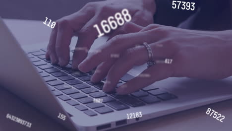 Animation of multiple changing numbers against mid section of woman using laptop