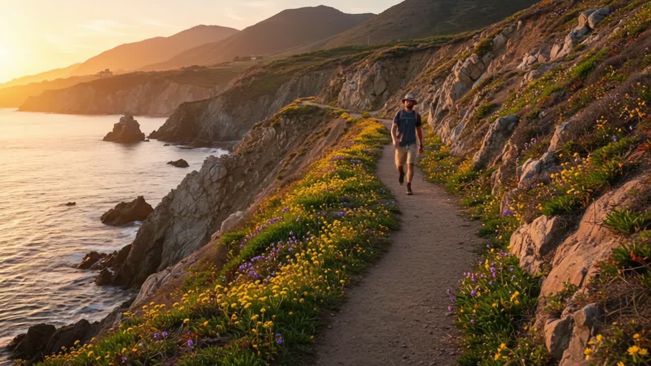 Hiker on a scenic coastal trail overlooking the ocean at sunset