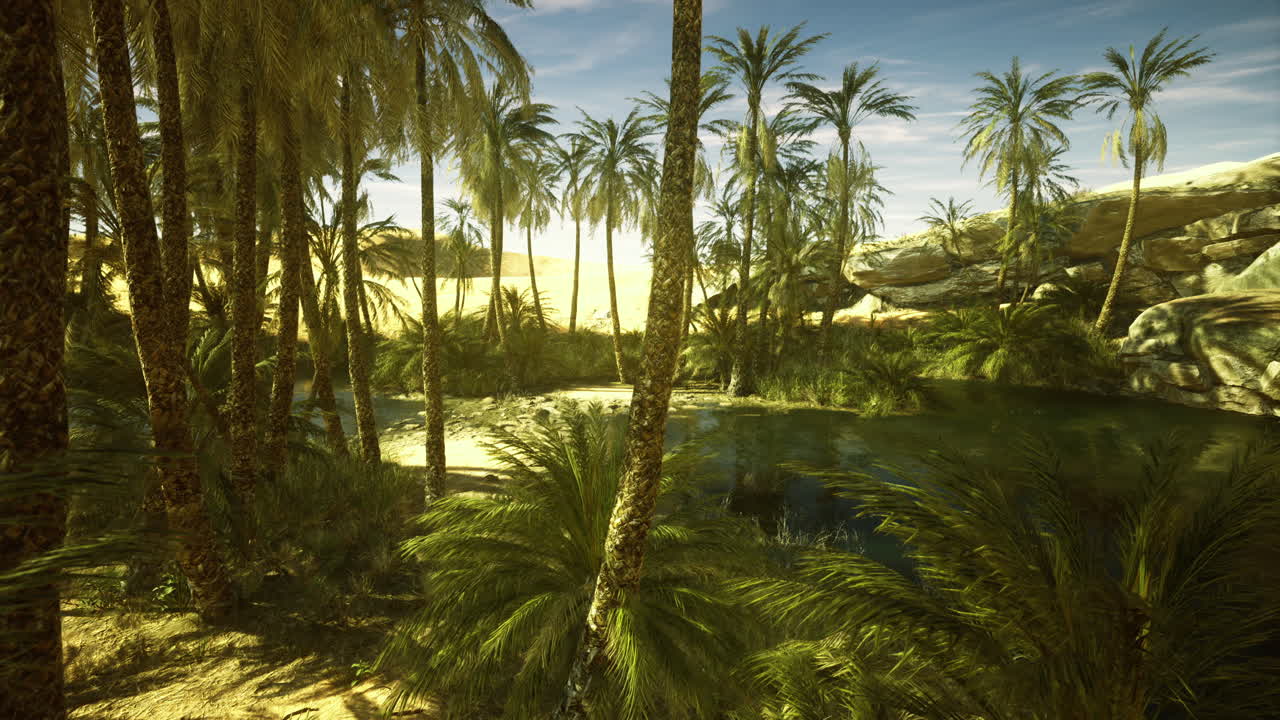 Lush oasis surrounded by palm trees in a sunlit desert landscape