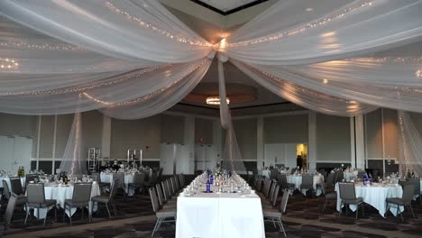 dining arrangement at a business or wedding in empty hotel banquet hall venue