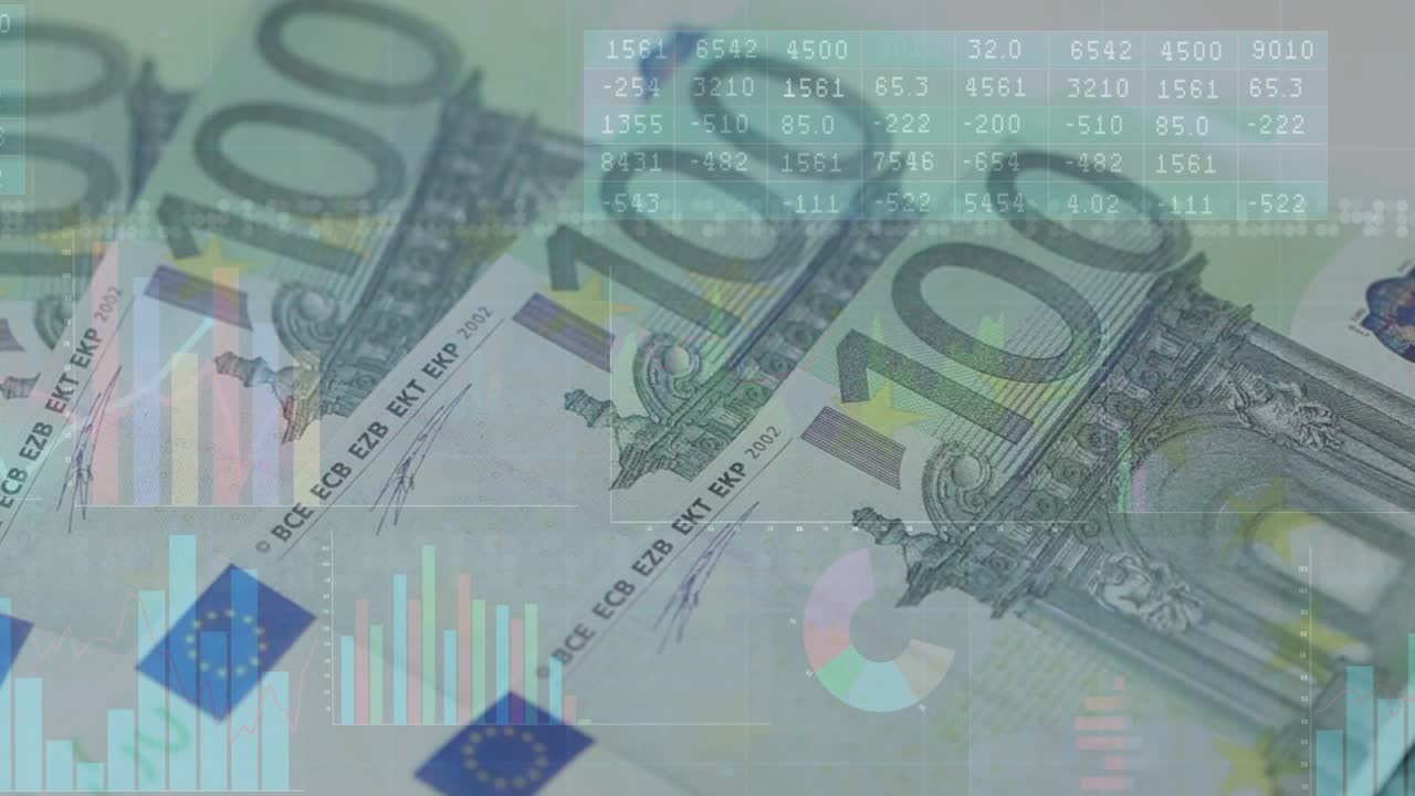 Una mano entra nell'inquadratura e sventola banconote da 100 euro, allineando le pile mentre i grafici mostrano il flusso di cassa.