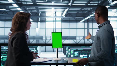 programmers in data center using mockup tablet, observing equipment analytics