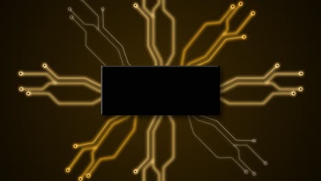 tabla de circuitos tecnología digital futurista animación 3d comunicación en fondo oscuro red electrónica de neón cpu intro títulos cibernéticos computación color naranja oscuro