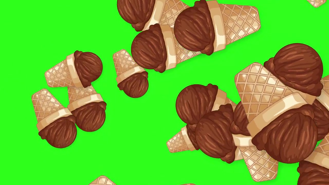 Coni Gelato al Cioccolato Cartoon Cadono e Rimbalzano su uno Sfondo Green Screen Verde Brillante