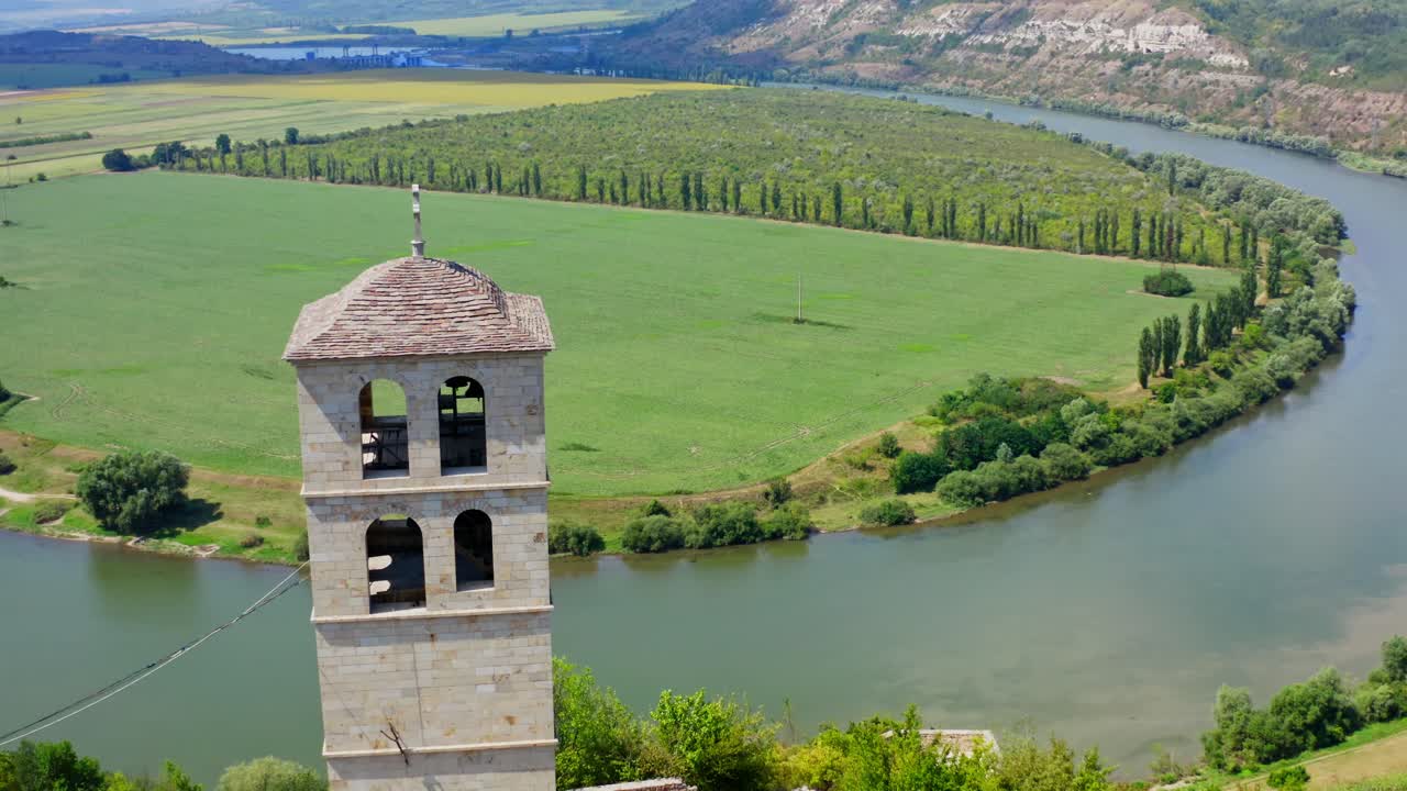 Landscape rocks and historic view. Aerial view of monastery on high steep rock