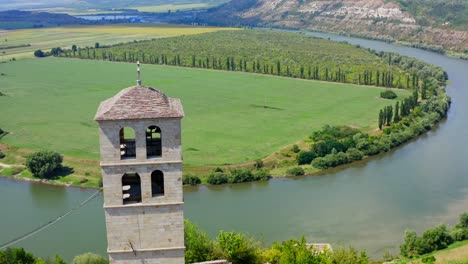 landscape rocks and historic view. aerial view of monastery on high steep rock