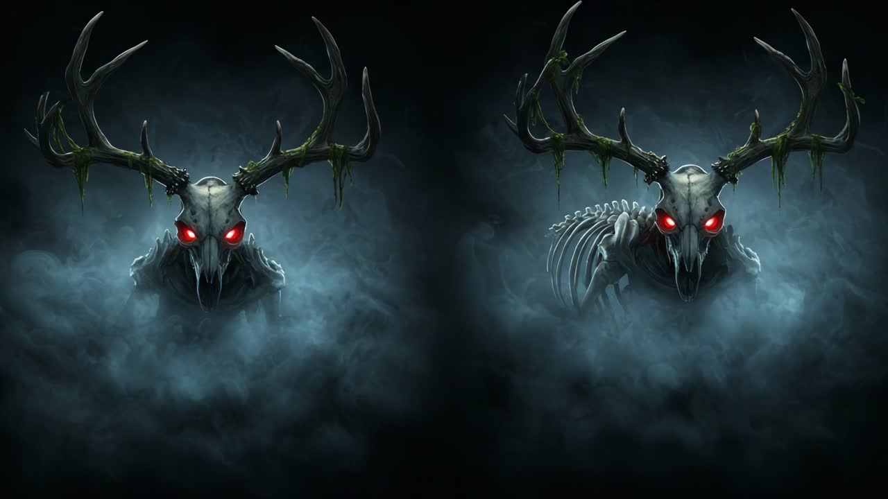 Mysterious and Sinister Skull with Antlers Emerging from Mist, Eerie Atmosphere Enhanced by Glowing Red Eyes and Ghostly Smoke Surroundings, Captivating Dark Art Scene