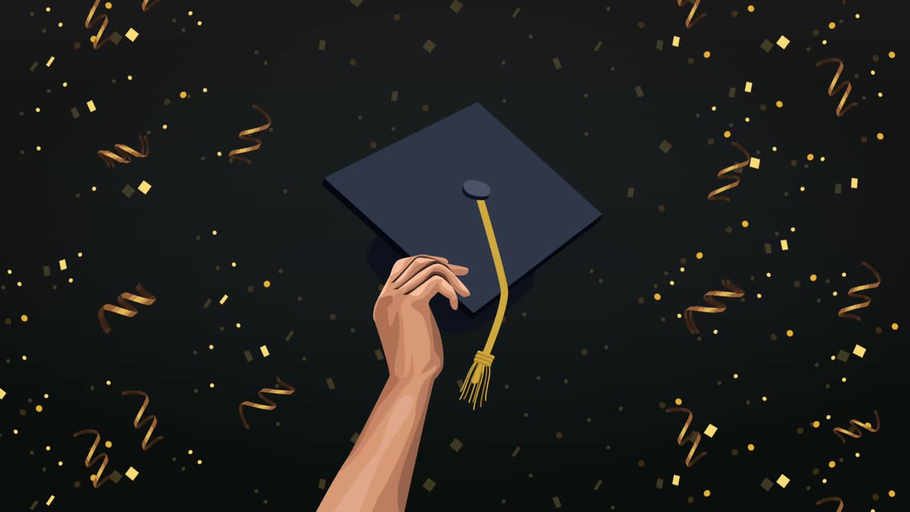graduation celebration animation with hand lifting hat