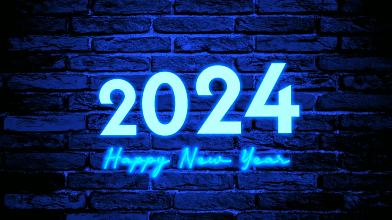 azul claro de neón feliz año nuevo 2024 texto animación gráficos en movimiento en fondo de pared de ladrillo