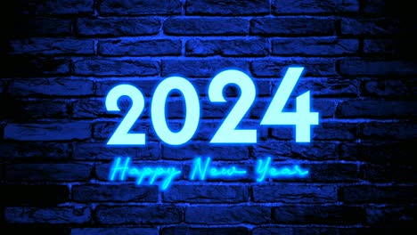 Luz-De-Neón-Azul-Feliz-Año-Nuevo-2024-Texto-Animación-Gráficos-En-Movimiento-Sobre-Fondo-De-Pared-De-Ladrillo