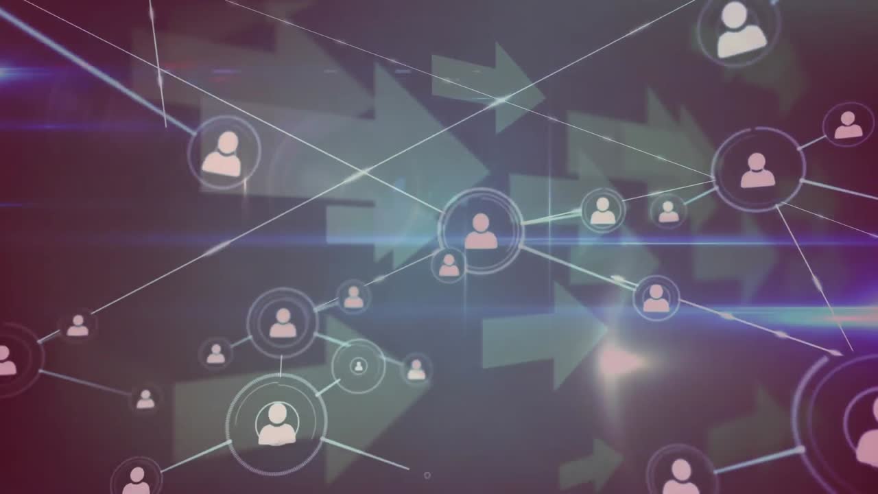 animación de la red de íconos de perfil y flecha contra rastros de luz azul sobre fondo gris.