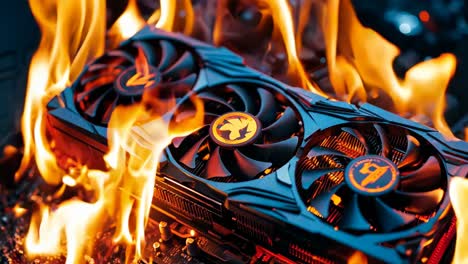 a close up of a graphics card on fire