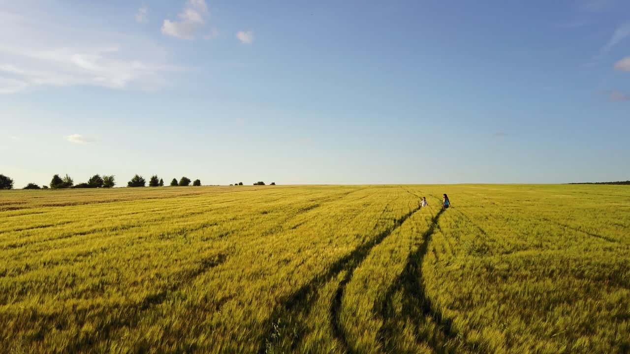 Mother And Son Walking In Rural Field. Beautiful young mother walking with her young son on the wheat field