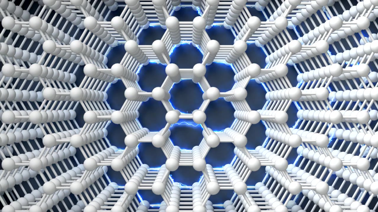 Boucle de pile de conductivité du graphène horizontale N&B. Cette animation 3D de nanotechnologie représente l'ingénierie au niveau moléculaire