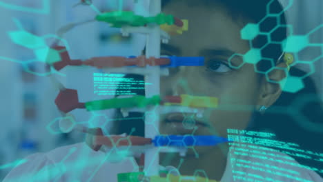 Chemical structures and data processing against girl touching dna structure model at laboratory