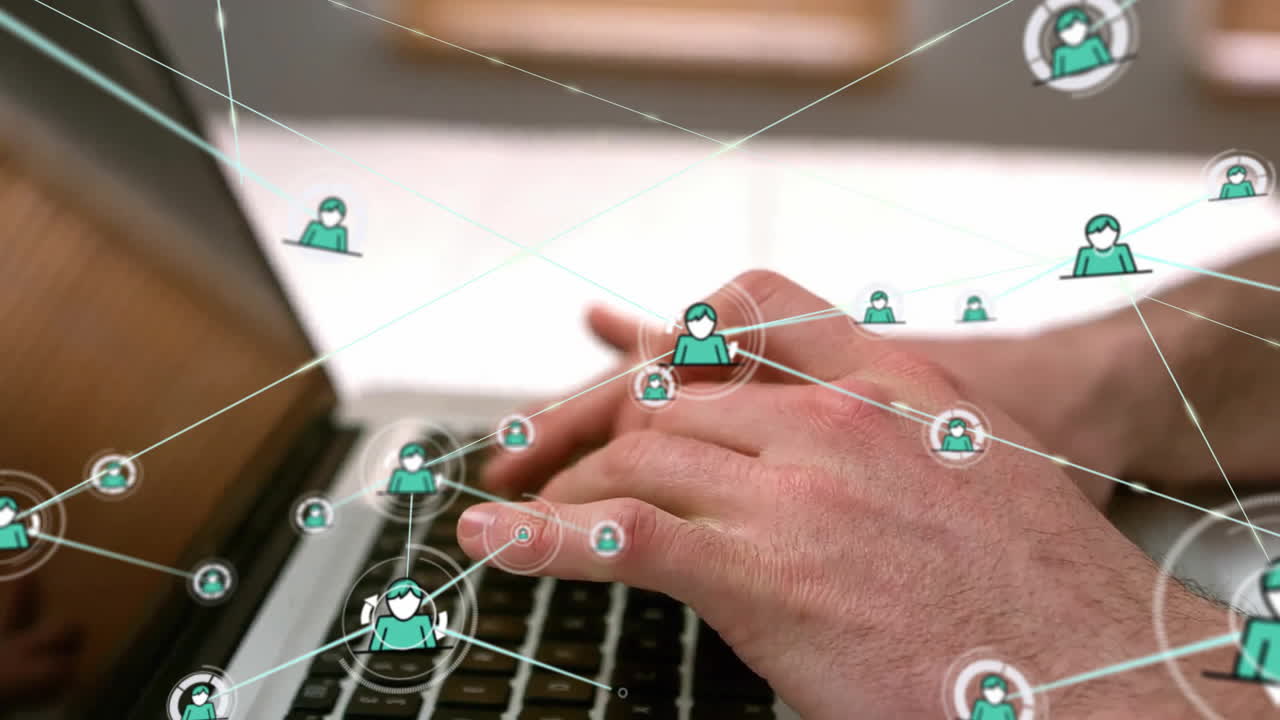 animación de la red de conexiones con personas iconos sobre empresario caucásico usando portátil