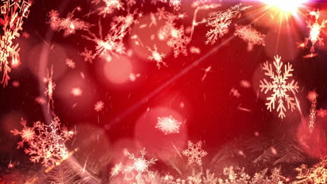 snowflakes falling animation over red festive background with light effects