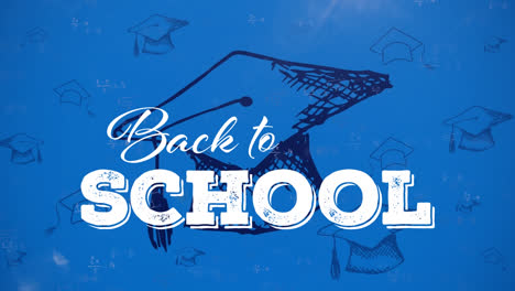 animation of back to school text over graduation hats on blue background