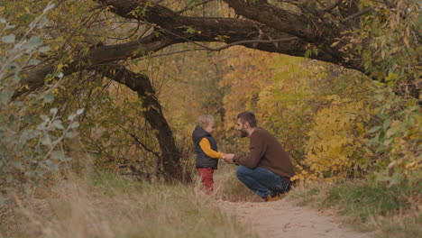 Vater-Und-Kleiner-Sohn-Verbringen-Am-Wochenende-Zeit-Im-Malerischen-Herbstwald-Beim-Gemeinsamen-Spazierengehen-Und-Kommunizieren,-Glückliche-Kindheit-Und-Vaterschaft