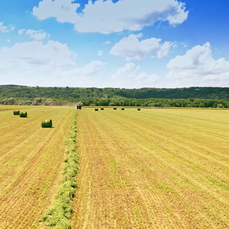 beautiful agricultural landscape on the field in bright summer day. seasonal works for preparing fodder for animals. camera moves forward.