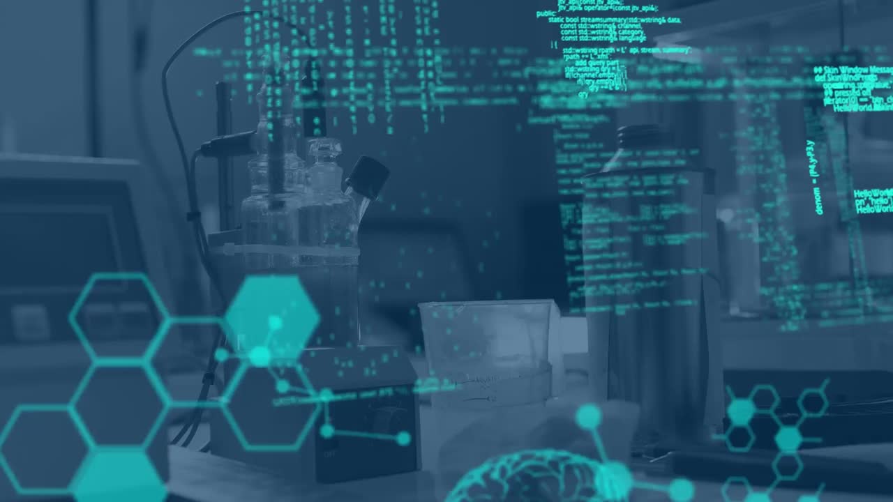 Composition of data processing and chemical structures against empty laboratory in background