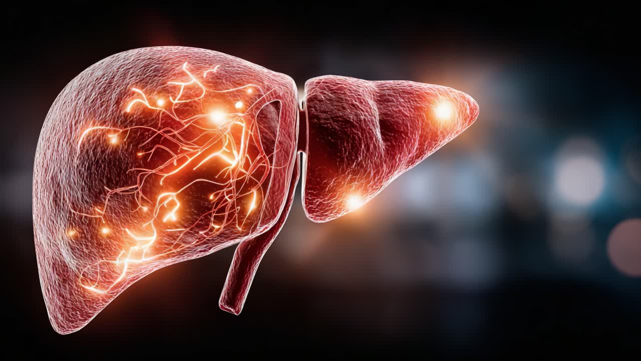An Enhanced Visualization of the Human Liver, Showcasing Its Complex Structure and Vascular Network Illuminated with Glowing Elements in a Scientific Context