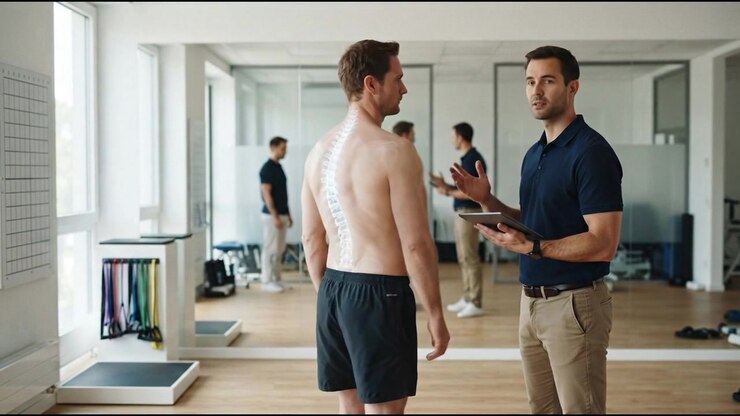 Physiotherapist Analyzing Patient Posture Using Digital Tablet Technology
