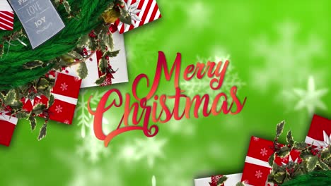 Animation-of-christmas-greetings-text-over-christmas-presents-and-decorations