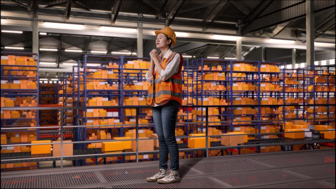 Full Body Side View Of Asian Female Engineer With Safety Helmet Prays For Something While Standing In The Warehouse With Shelves Full Of Delivery Goods