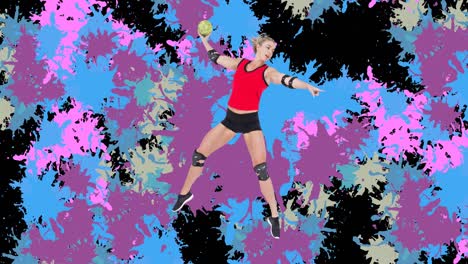 Animation-of-caucasian-female-handball-player-holding-ball-over-colorful-stains