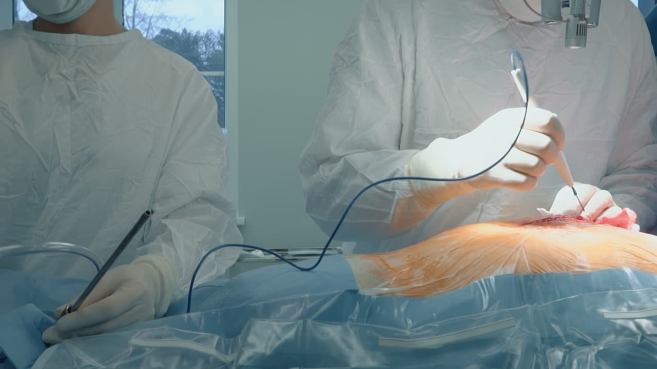 외과 의사는 수술실에서 레이저 스칼펠을 사용합니다. 심장 외과의사는 병원에서 절단기로 환자의 신체 조직을 절단합니다. 관상동맥 바이파스 수술.