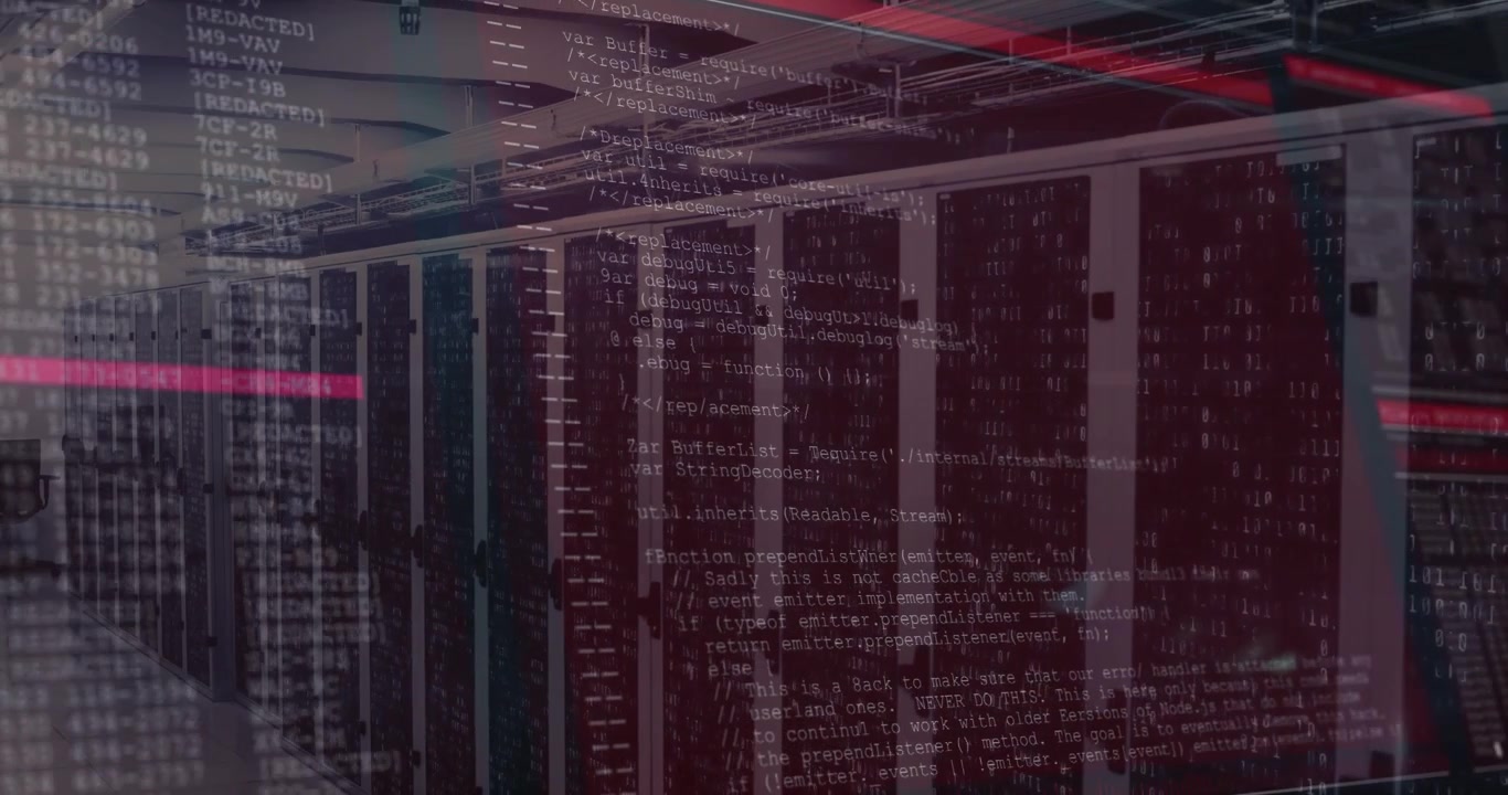 Server corridor view starting code overlay fading in pulsing red scan bar and visualizing data