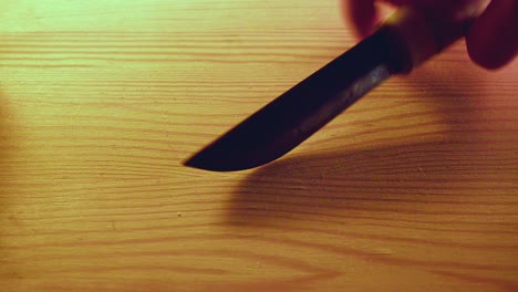 cuchillo artesanal forjado recogido de la tabla de corte de madera de ceniza, espacio de copia