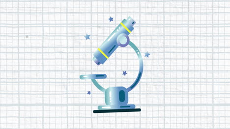 animation of a microscope with blue grid on a white background