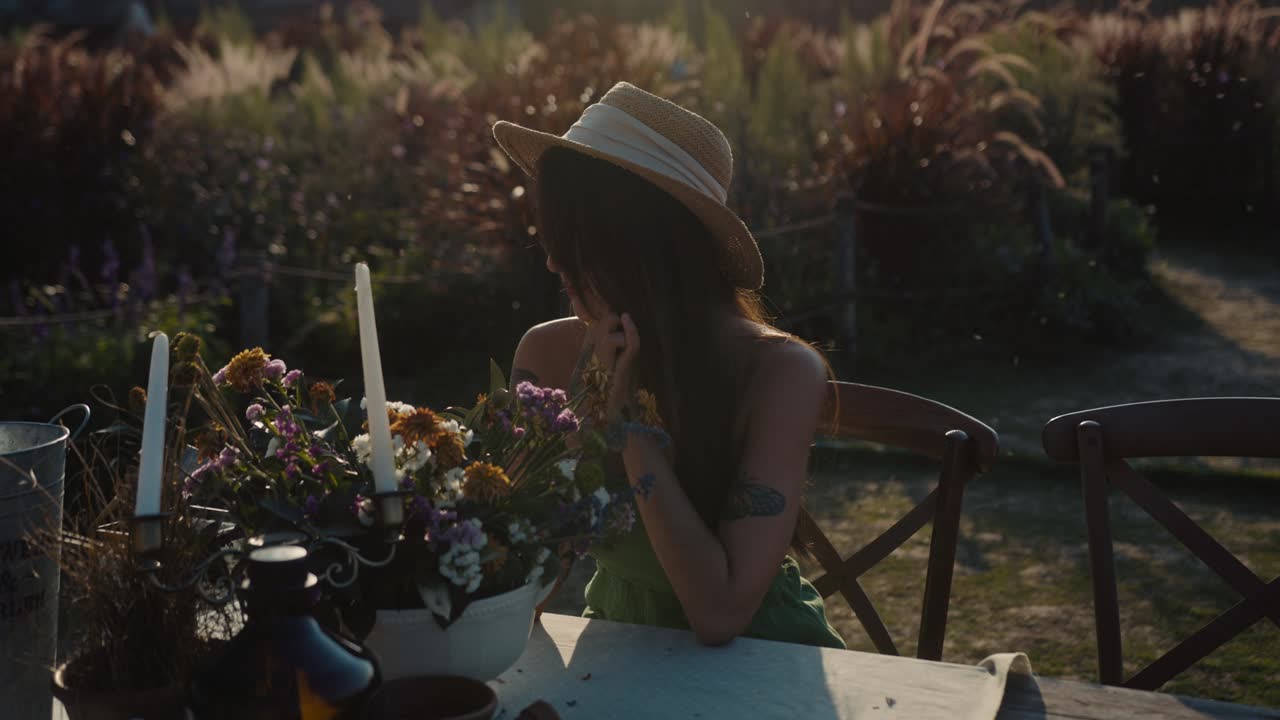 Woman Relaxing in a Garden at Sunset