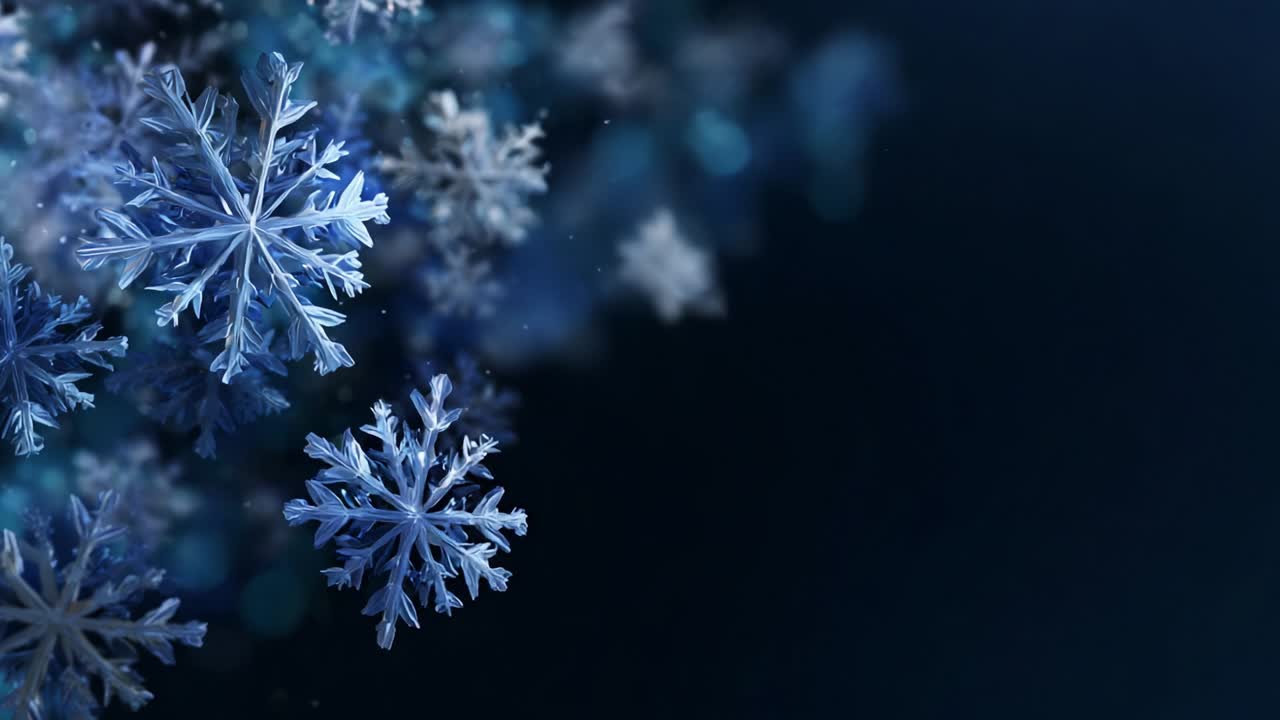A Stunning Visual Composition of Elegantly Shaped Snowflakes Floating Gracefully Against a Dark Background, Creating a Magical Atmosphere with a Magical Touch of Winter's Chill and Tranquility