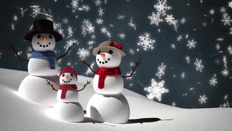 animation of snowman family over snow falling