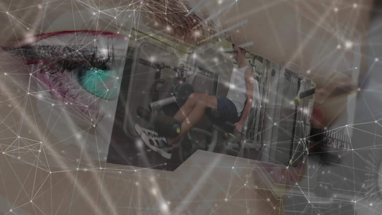 Woman gazing into technology network, highlighting eye with glowing nodes and circuit patterns