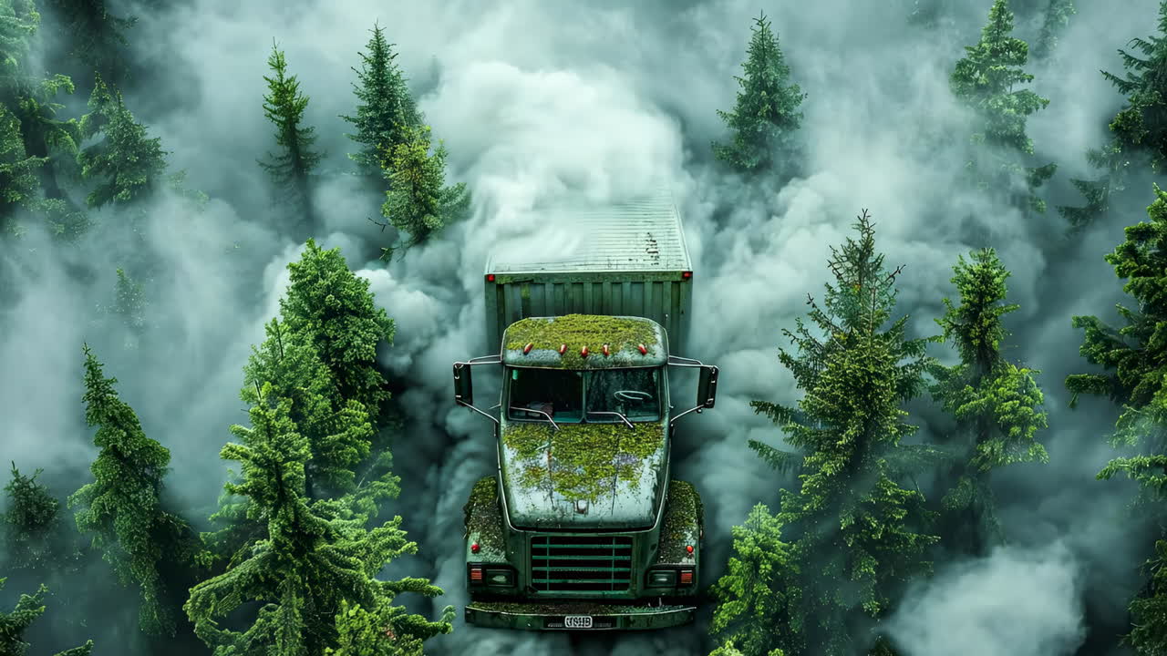 Foggy forest with mossy truck. A mossy green truck in a foggy forest, surrounded by towering evergreens, creates a mysterious vibe