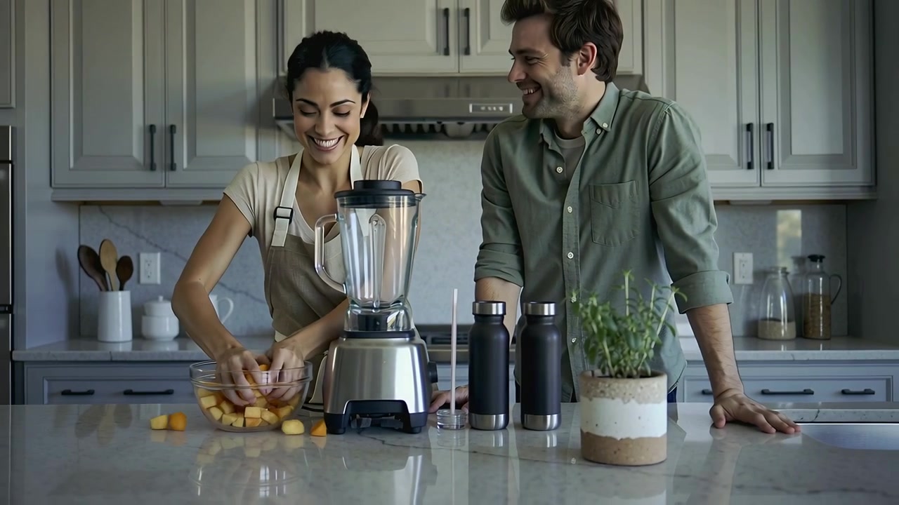 Mujer con delantal alcanzando fruta para ponerla en la licuadora sobre la isla de la cocina, hombre sonriendo, preparando un batido