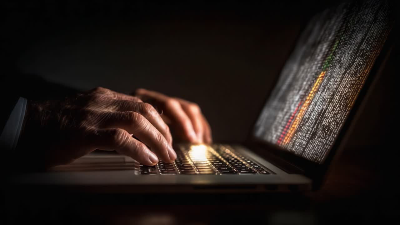 A Close-Up of Hands Typing on a Laptop, Illuminated by a Screen Displaying Complex Data, Evoking a Sense of Technology and Information Age