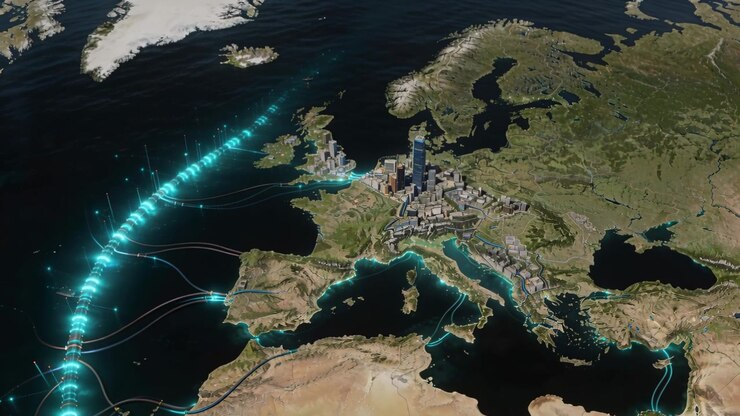 Moving turquoise node train crossing North Atlantic, lighting cable lines and showing city cluster