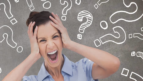 animation of stressed, screaming caucasian woman holding head, with question marks on chalkboard