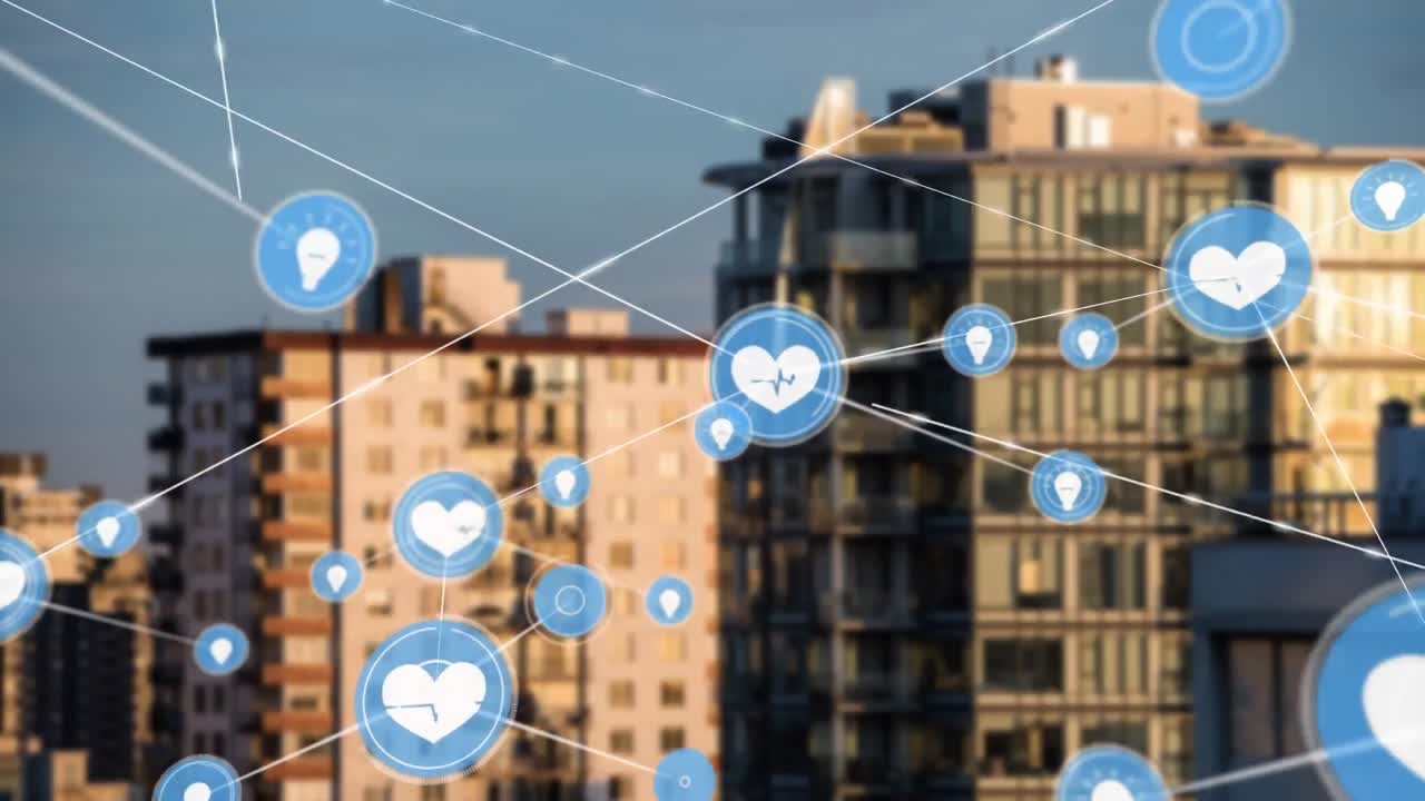 도시 풍경 위의 아이콘으로 연결된 네트워크의 애니메이션