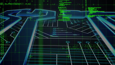 animación digital del procesamiento de datos contra las conexiones de microprocesador sobre fondo azul