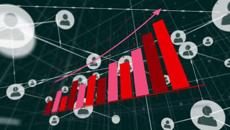 rising bar graph and upward arrow animation over network of connected user icons