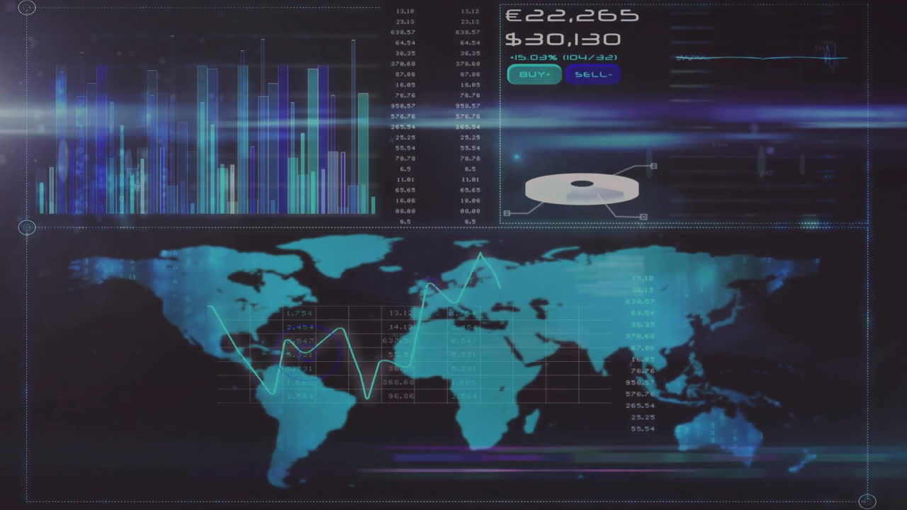 Futuristic finance HUD displaying multi-colored bar chart, price quotes, 3D donut, world map graph