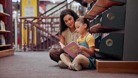 mother and daughter reading a book in the library