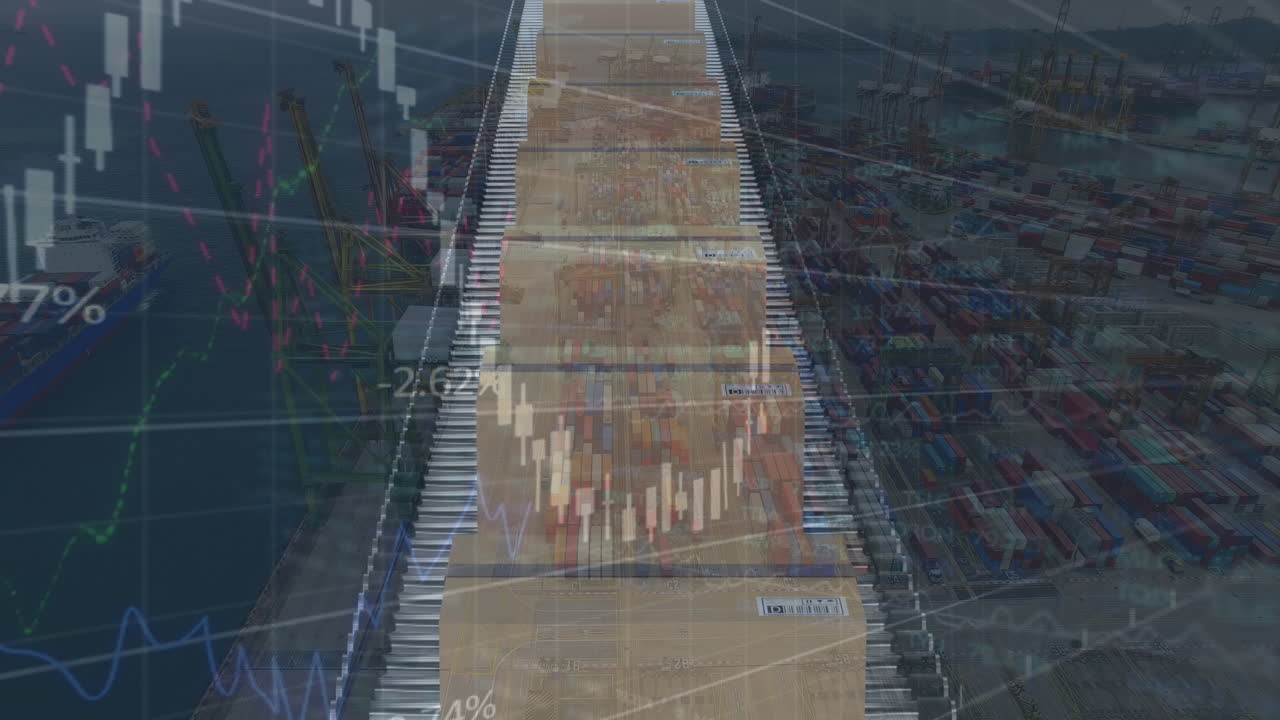 컨베이어 벨트와 배송 항구에 있는 카드보드 상자 위에서 통계 데이터를 처리하는 애니메이션